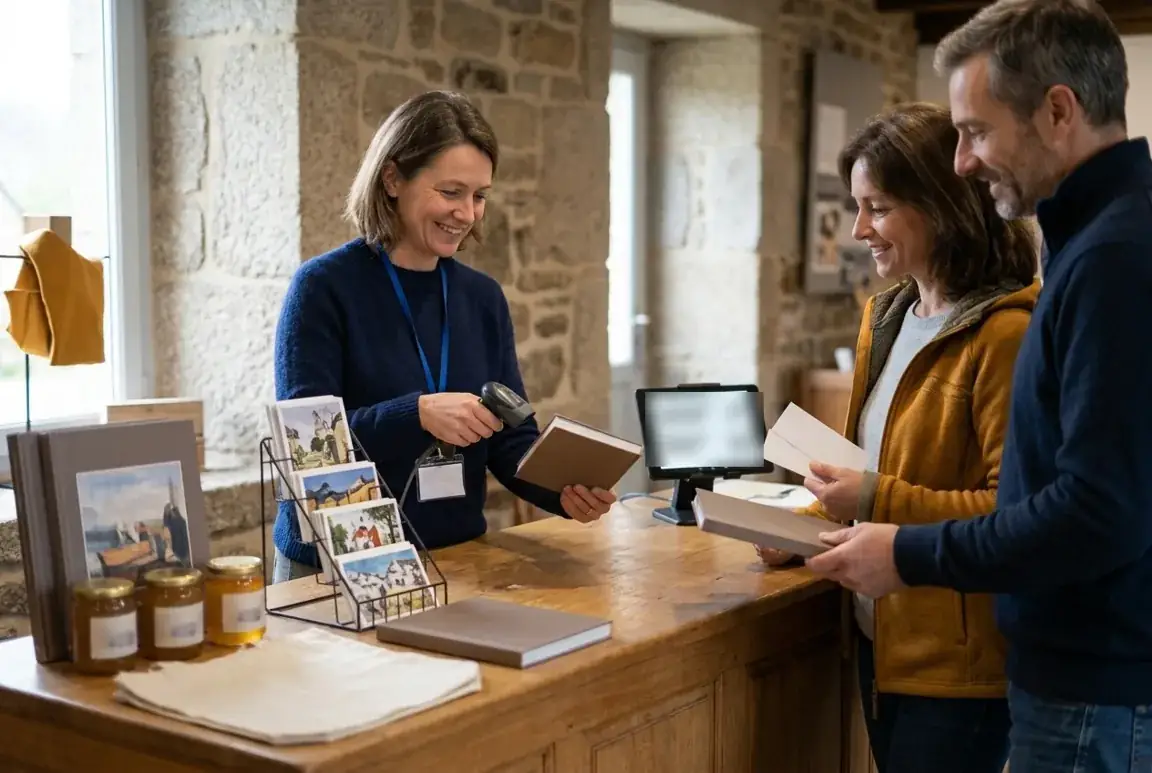 Au comptoir du musée, l'agent scanne le livre de l'exposition ; les visiteurs repartent avec leurs billets et leurs achats
