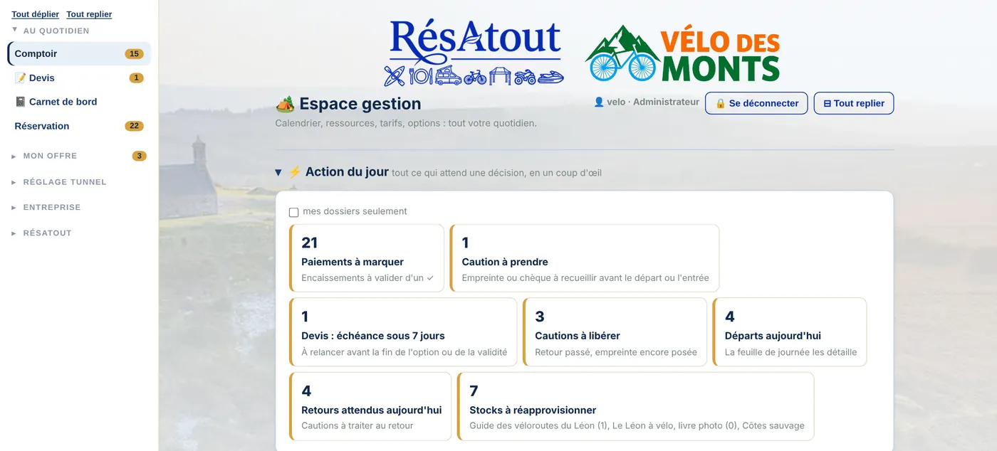 L'Espace gestion entreprise de la démonstration Vélo des Monts : l'Action du jour (paiements à marquer, cautions, départs et retours, stocks) et le rail des sections (capture réelle)