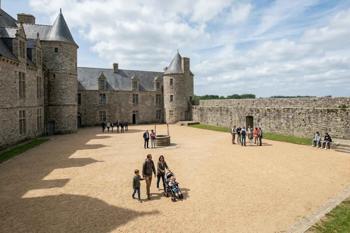 Visiteurs dans la cour d'un château, billets datés à la jauge du jour