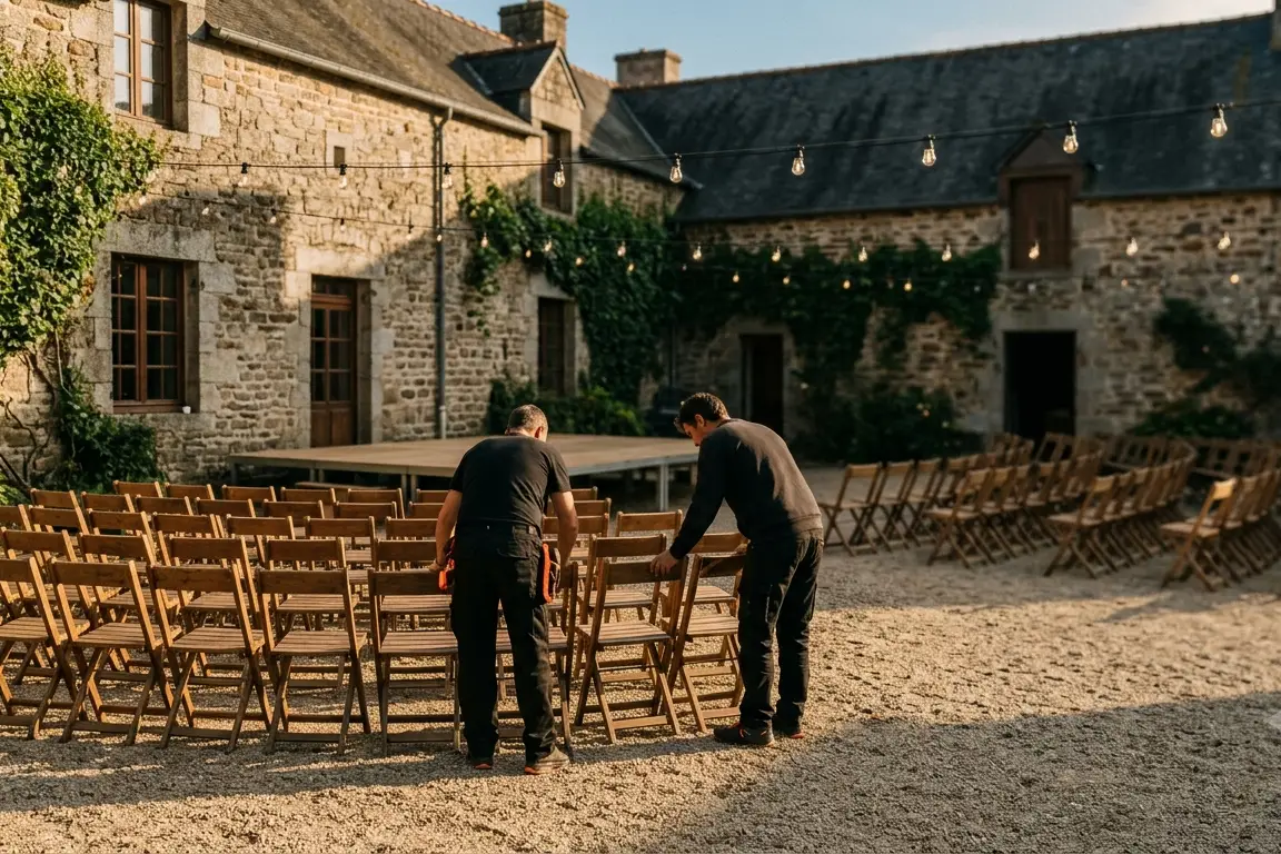 Installation des chaises avant un spectacle en plein air dans une cour