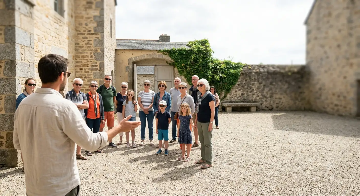 Guide accueillant un groupe de visiteurs dans la cour d'un monument