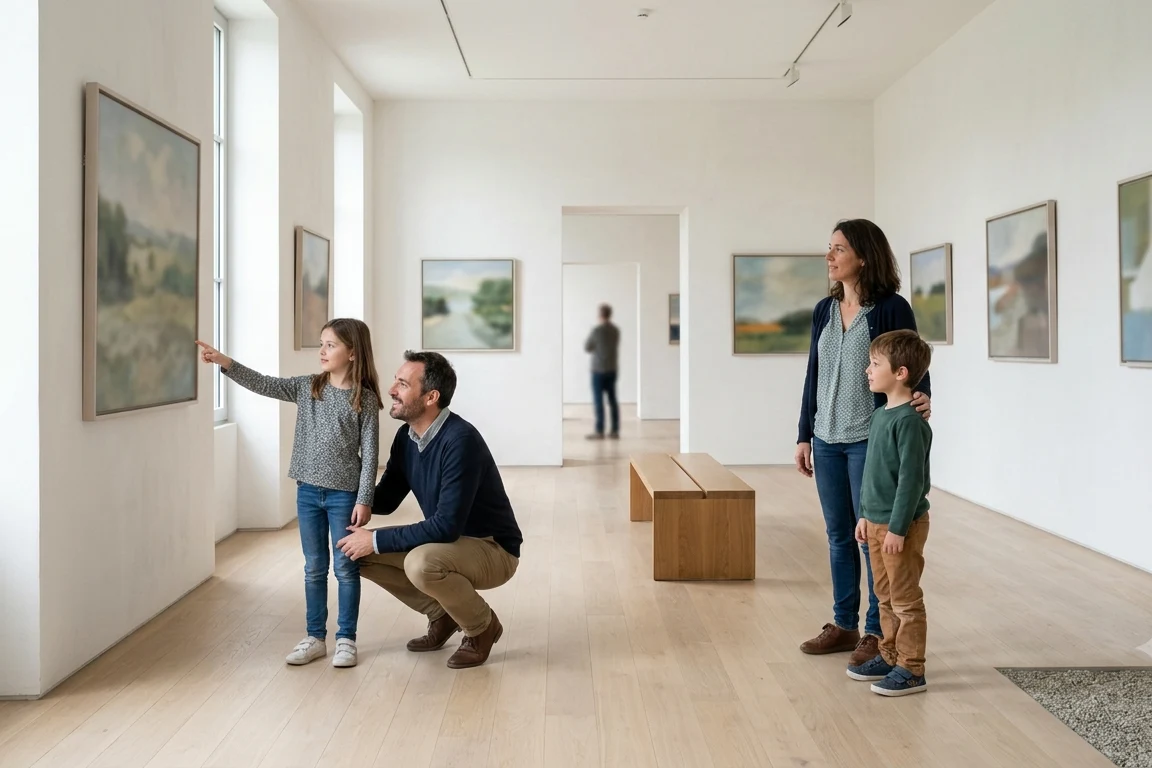 Famille devant les œuvres d'une salle d'exposition
