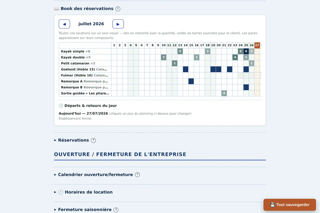 L'Espace gestion entreprise : planning des réservations et départs et retours du jour
