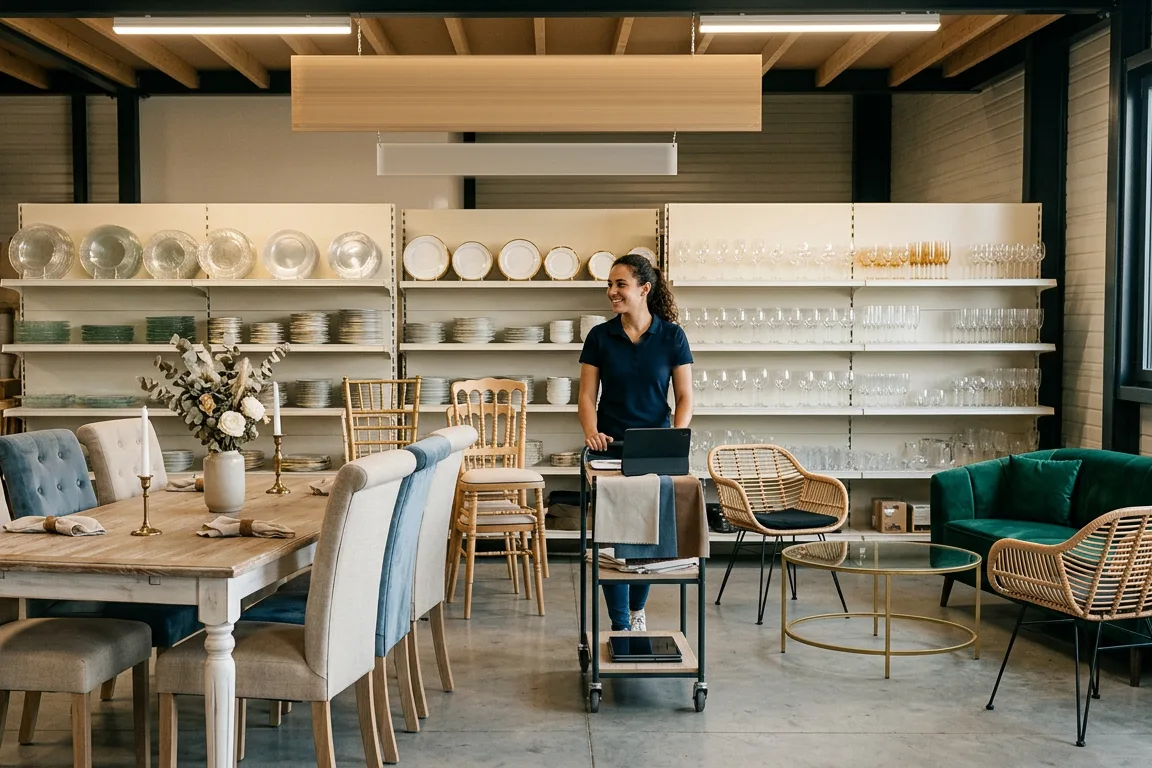 Dépôt de mobilier de réception : tables, chaises et mange-debout en location