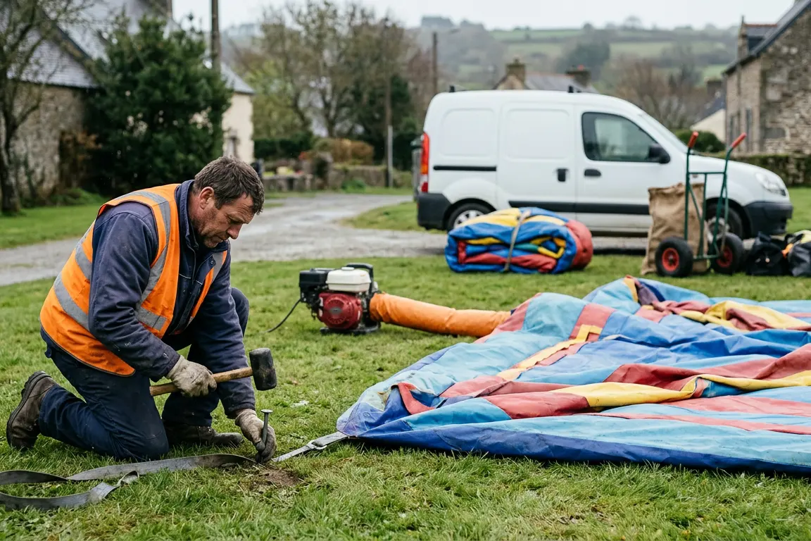 Installation d'une structure gonflable de location sur une pelouse