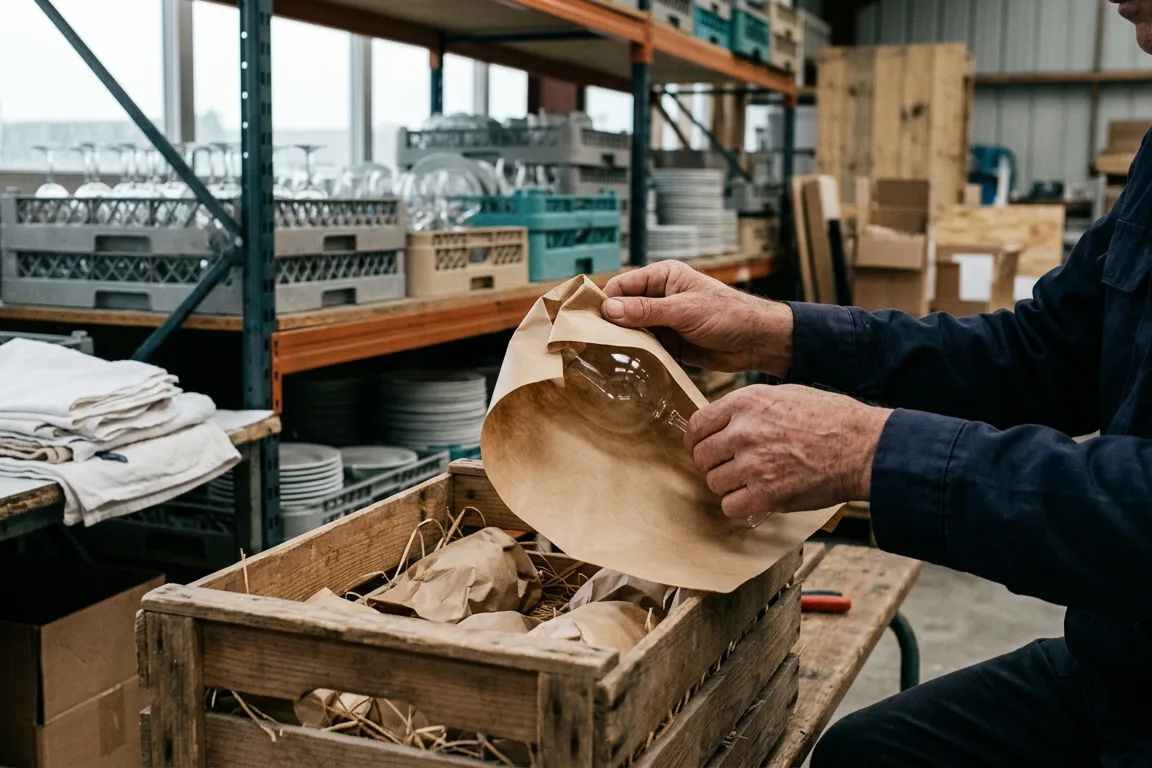 Déballage de verres en caisse bois dans un dépôt de location de vaisselle