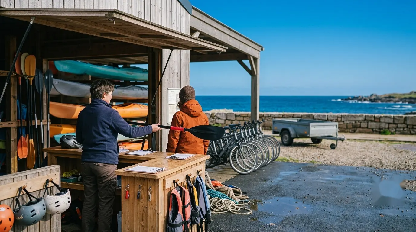 Comptoir d'une base de location : remise de pagaie, vélos et remorque prêts