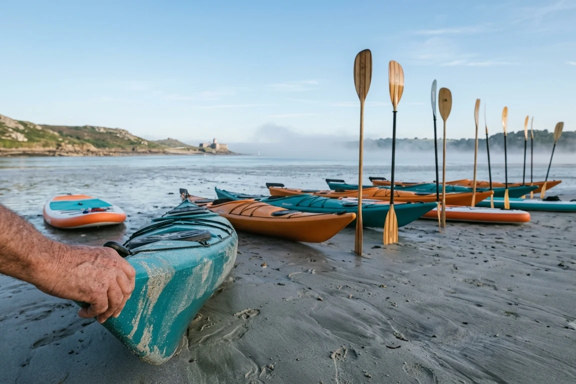 Kayaks et paddles alignés sur la plage à marée basse, pagaies plantées