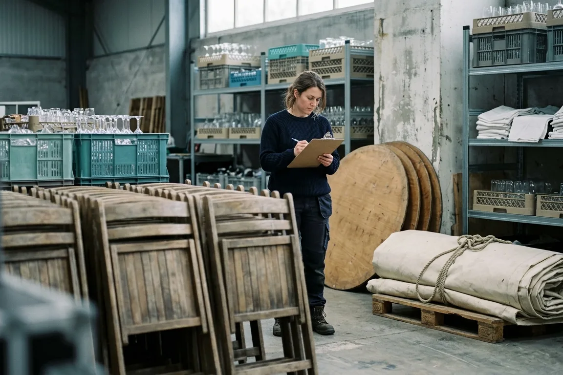 Inventaire du dépôt de matériel de réception : chaises, tables, bâches