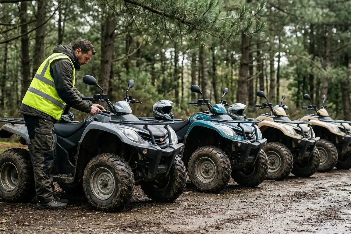 Quads de randonnée alignés en forêt, casques posés, vérification avant départ