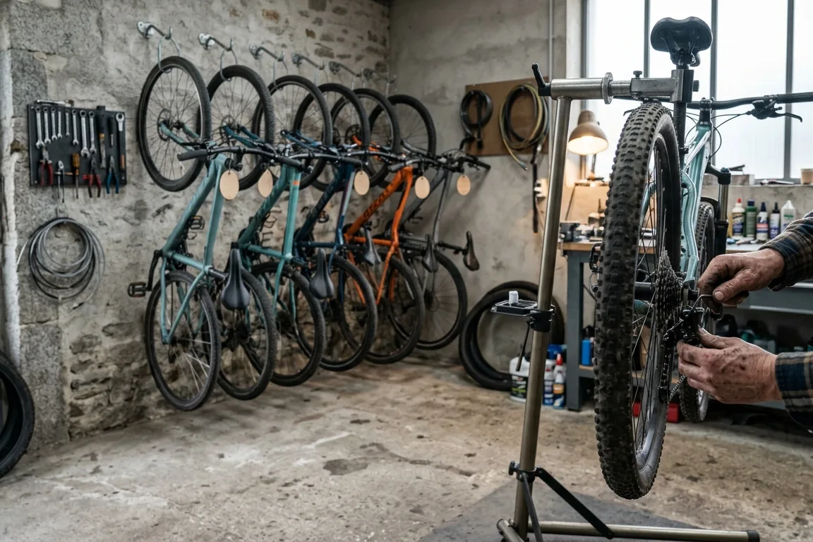 Atelier du loueur de vélos : VTT suivis à l'unité, révision en cours