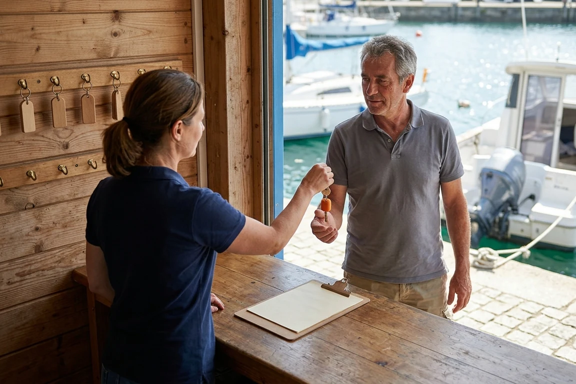 Remise des clés au comptoir d'un loueur de bateaux à moteur