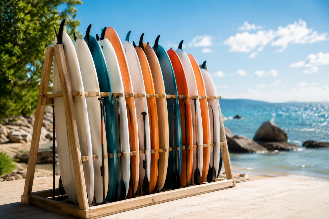 Rack de planches de surf et de paddle d'une école, face à la mer