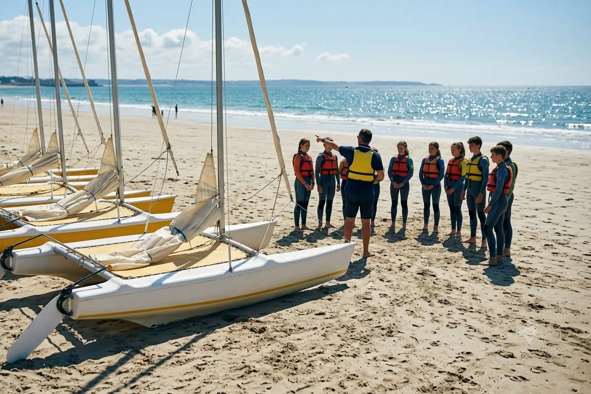Briefing d'école de voile devant les catamarans, sur la plage