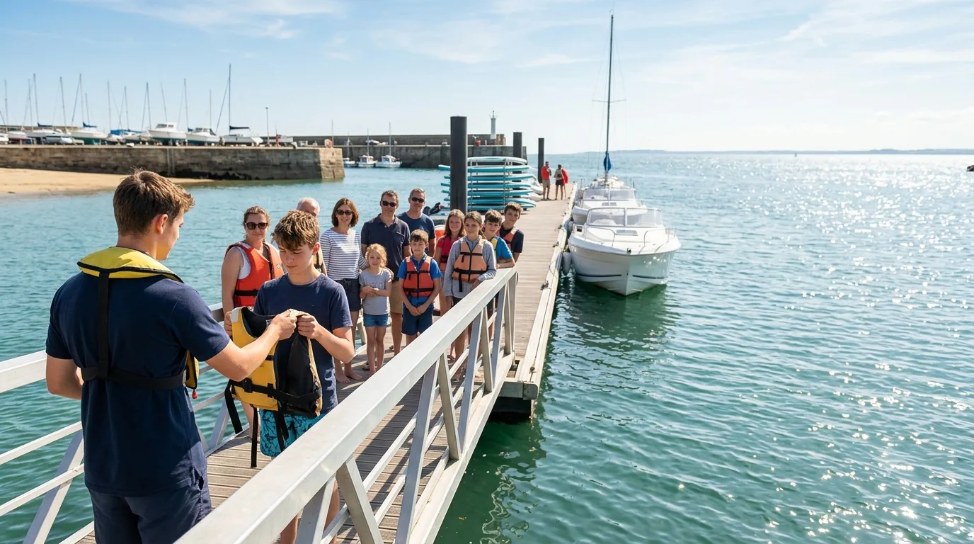 Embarquement d'un groupe au ponton d'une base nautique, gilets ajustés