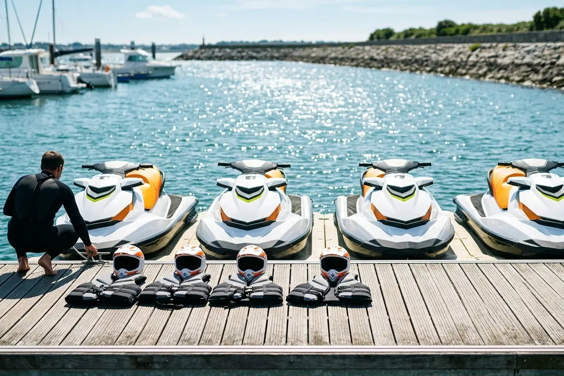 Jet-skis alignés au ponton, casques et gilets préparés pour la session