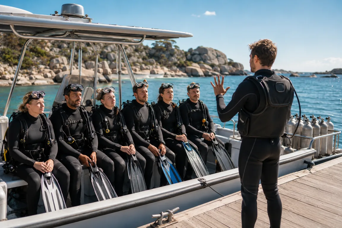 Briefing du moniteur devant les plongeurs équipés à bord du bateau