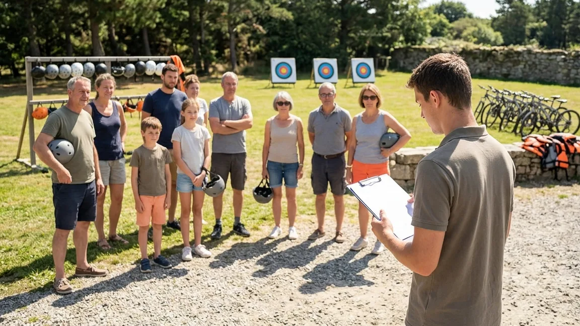Briefing d'une base multi-activités : tir à l'arc, VTT et casques prêts