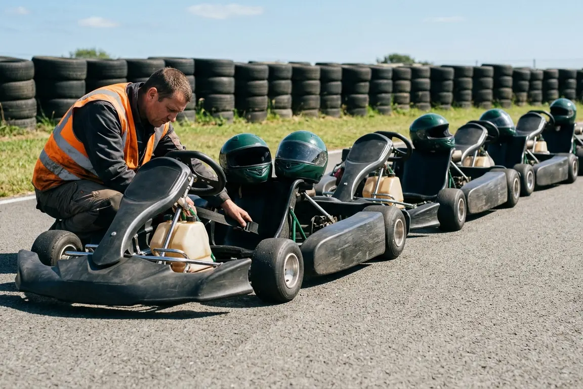 Karts alignés sur la piste, ceinture vérifiée par l'opérateur