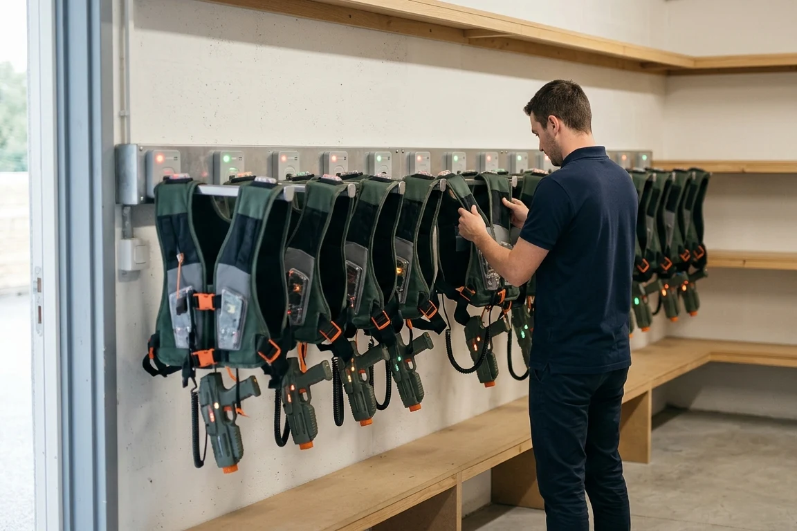 Vestes de laser game en charge, vérifiées une à une avant la session