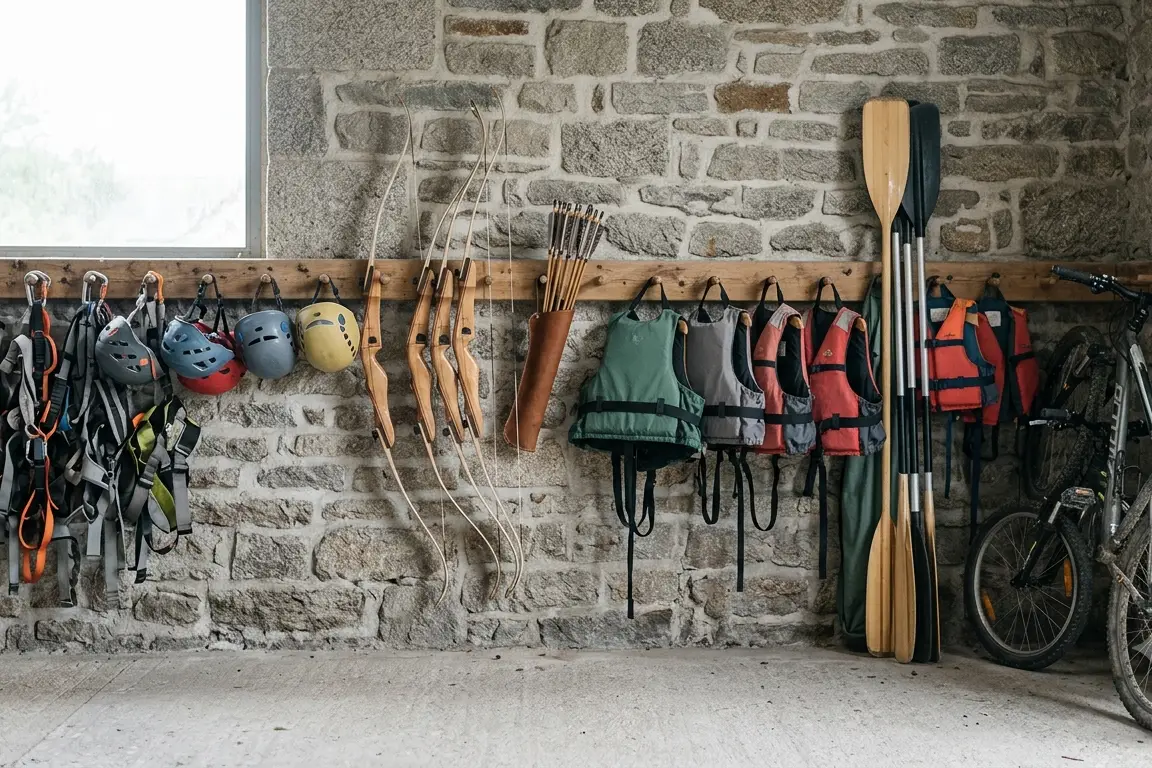 Le mur de matériel d'une base multi-activités : baudriers, arcs, gilets, paddles