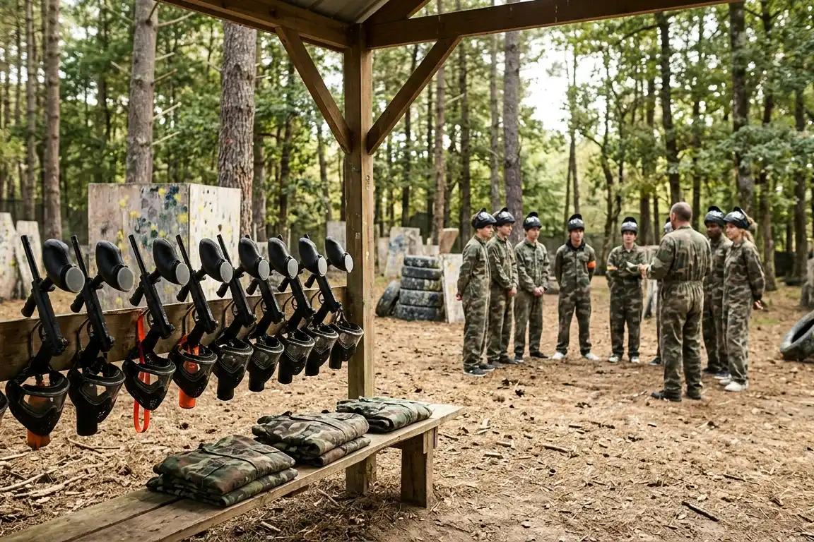 Lanceurs et masques de paintball prêts, briefing du groupe sur le terrain
